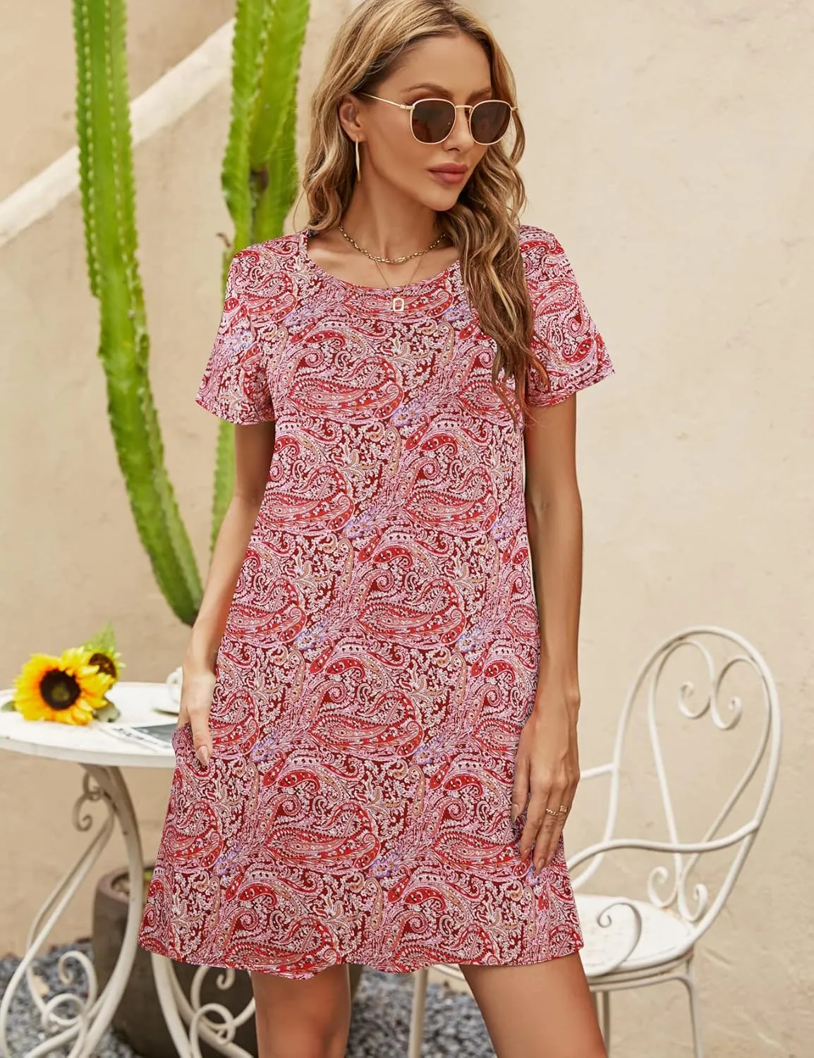 Halife Womens Summer Casual Tshirt Dress Loose Lace Hem Short Sleeve Beach Sundresses with Pockets