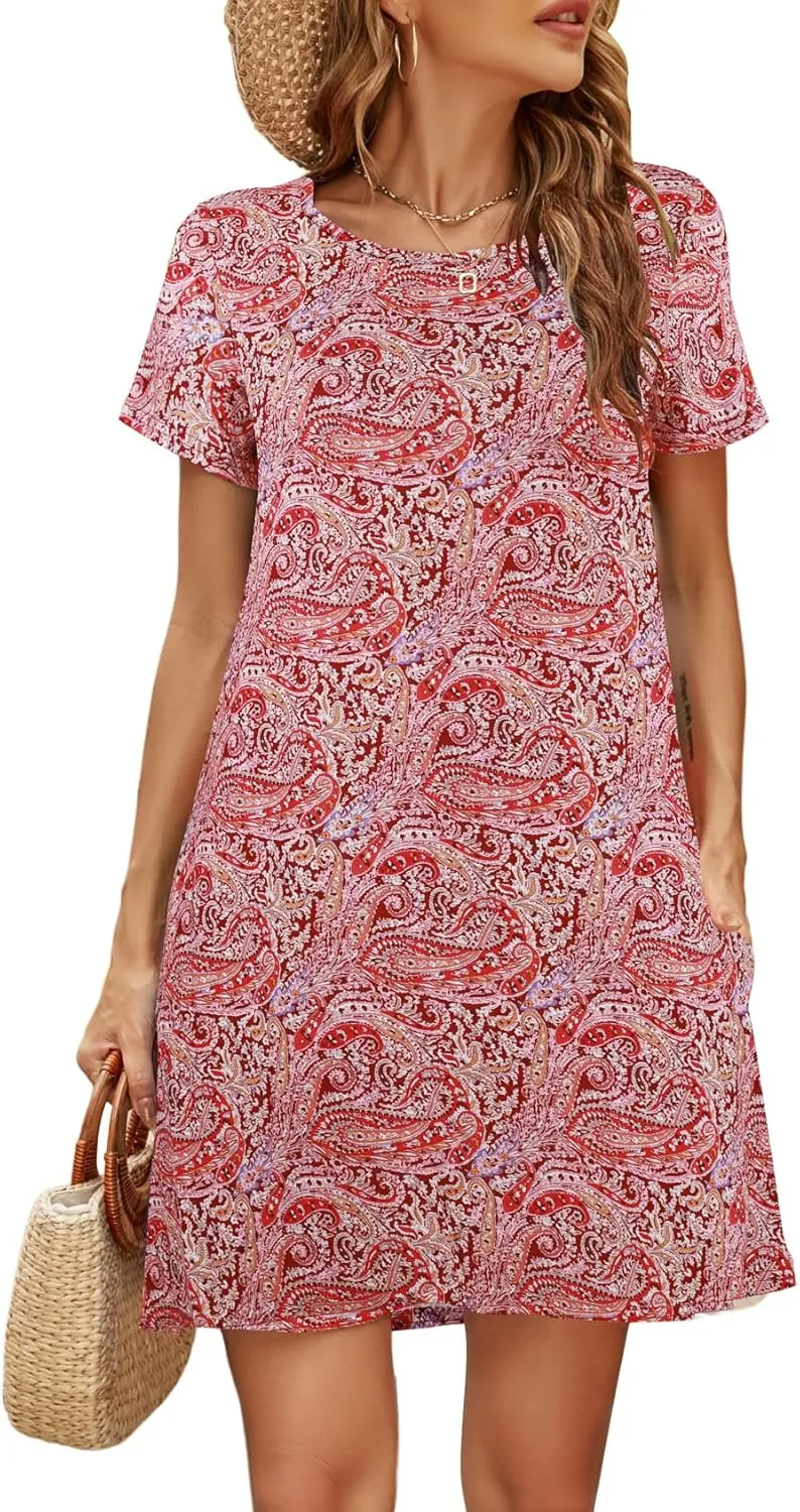 Halife Womens Summer Casual Tshirt Dress Loose Lace Hem Short Sleeve Beach Sundresses with Pockets