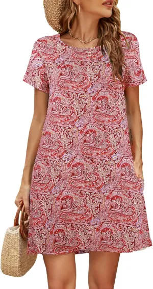 Halife Womens Summer Casual Tshirt Dress Loose Lace Hem Short Sleeve Beach Sundresses with Pockets