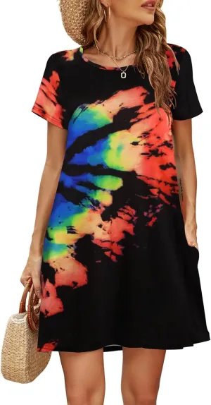 Halife Womens Summer Casual Tshirt Dress Loose Lace Hem Short Sleeve Beach Sundresses with Pockets