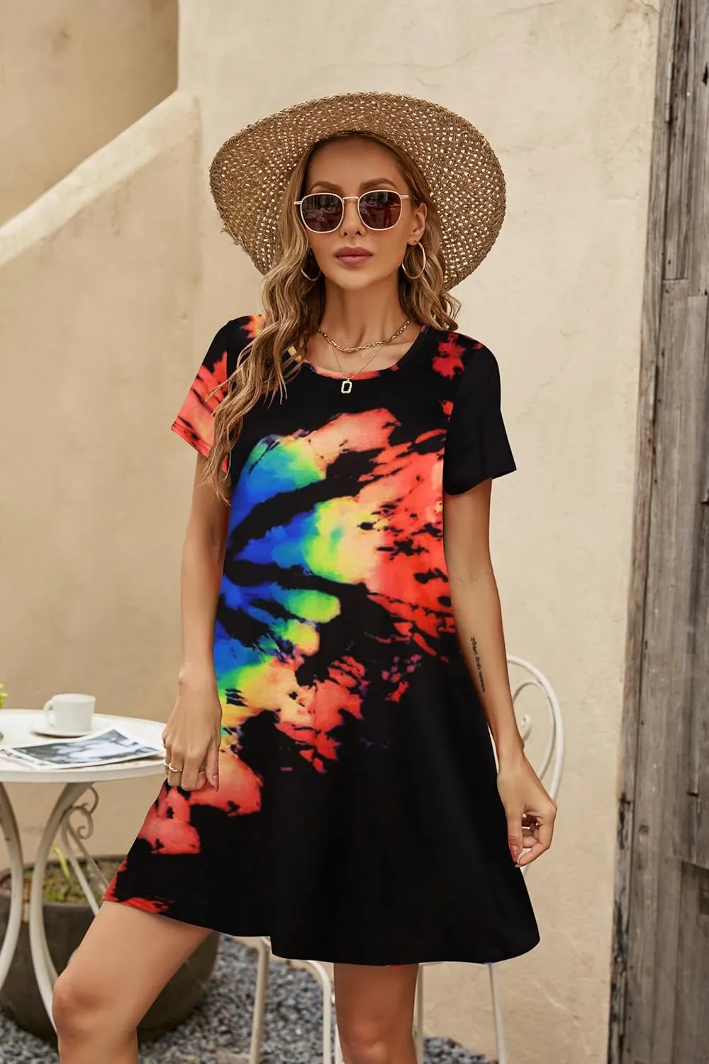 Halife Womens Summer Casual Tshirt Dress Loose Lace Hem Short Sleeve Beach Sundresses with Pockets
