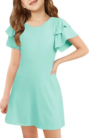 Haloumoning Girls Ruffle Sleeve Dresses Kids Summer Crewneck A Line Casual Dress 5-14 Years