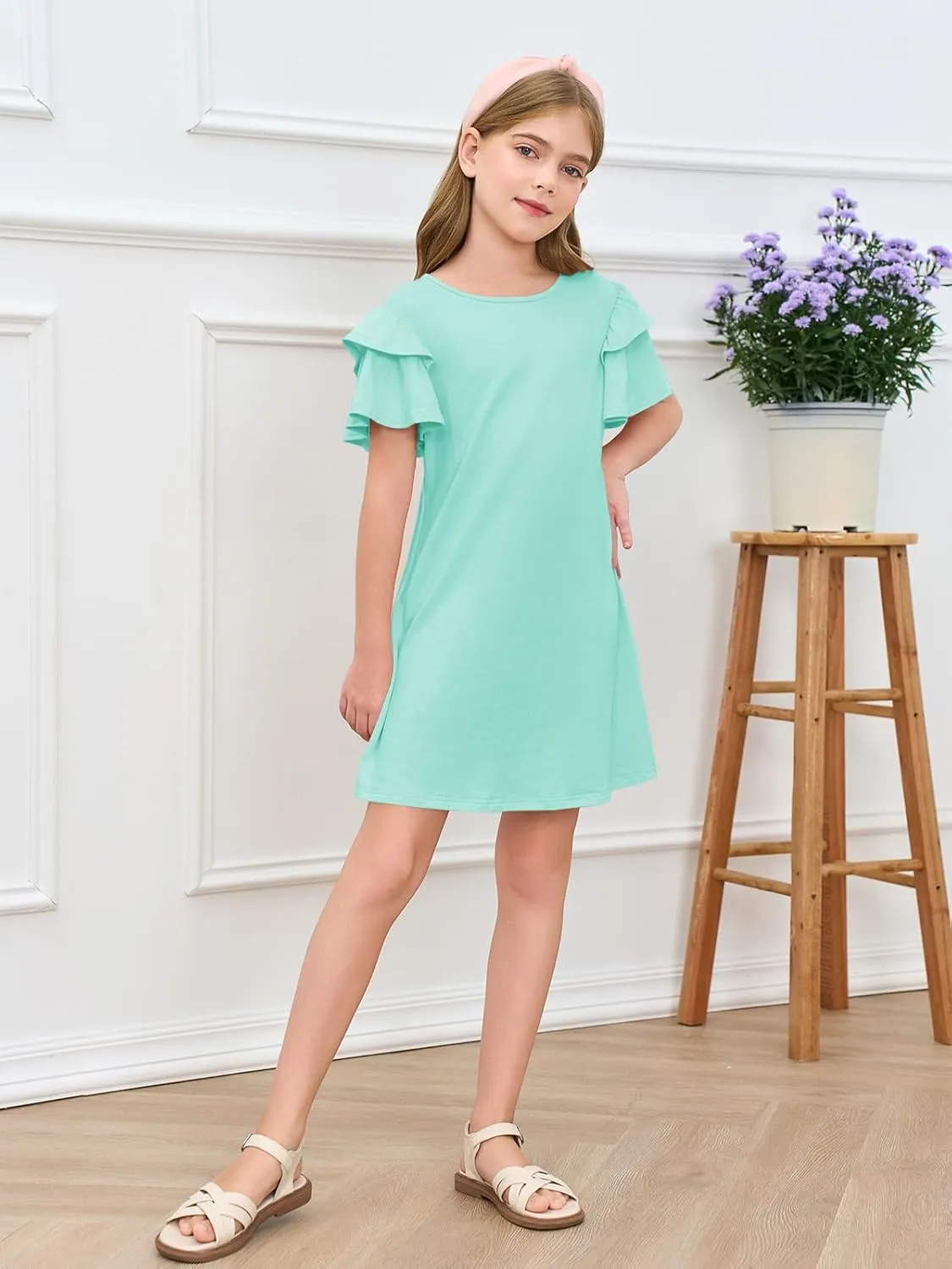 Haloumoning Girls Ruffle Sleeve Dresses Kids Summer Crewneck A Line Casual Dress 5-14 Years