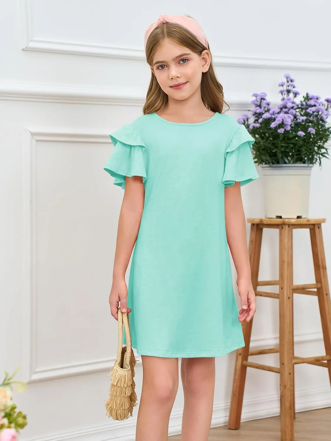 Haloumoning Girls Ruffle Sleeve Dresses Kids Summer Crewneck A Line Casual Dress 5-14 Years