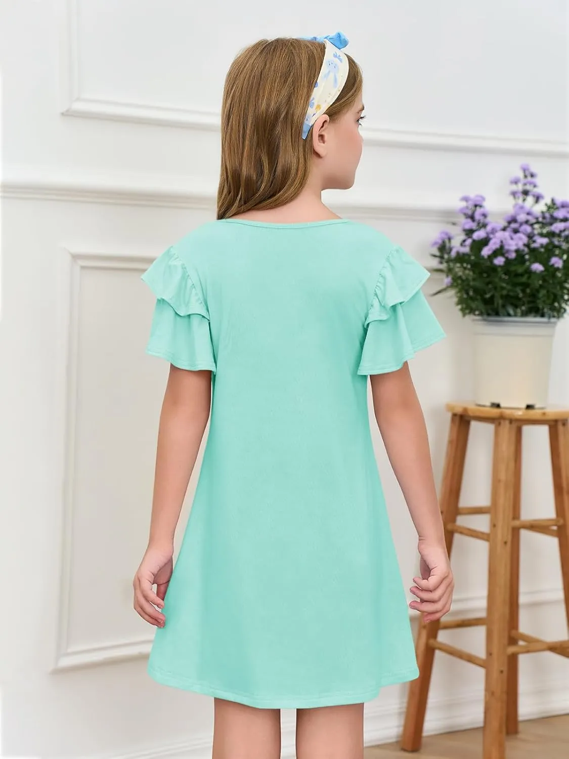 Haloumoning Girls Ruffle Sleeve Dresses Kids Summer Crewneck A Line Casual Dress 5-14 Years