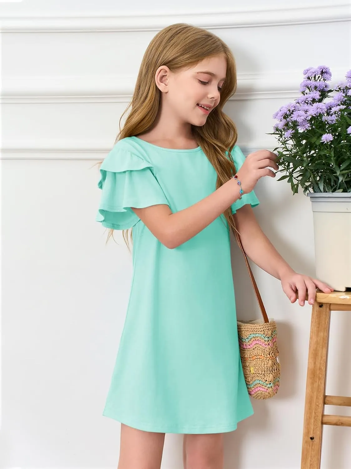 Haloumoning Girls Ruffle Sleeve Dresses Kids Summer Crewneck A Line Casual Dress 5-14 Years