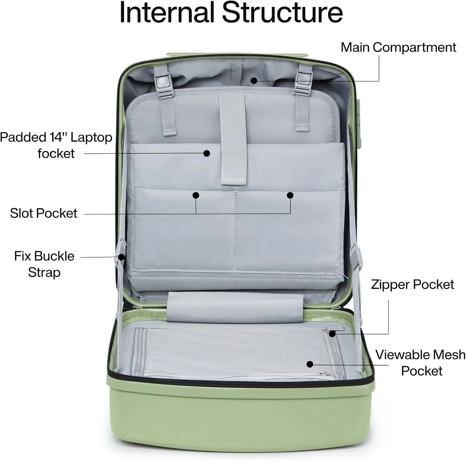 Hanke 16 Inch Underseat Carry On Luggage with Wheels Hard Shell Lightweight Suitcases Small Tsa Luggage Travel Rolling Luggage(Bamboo Green)