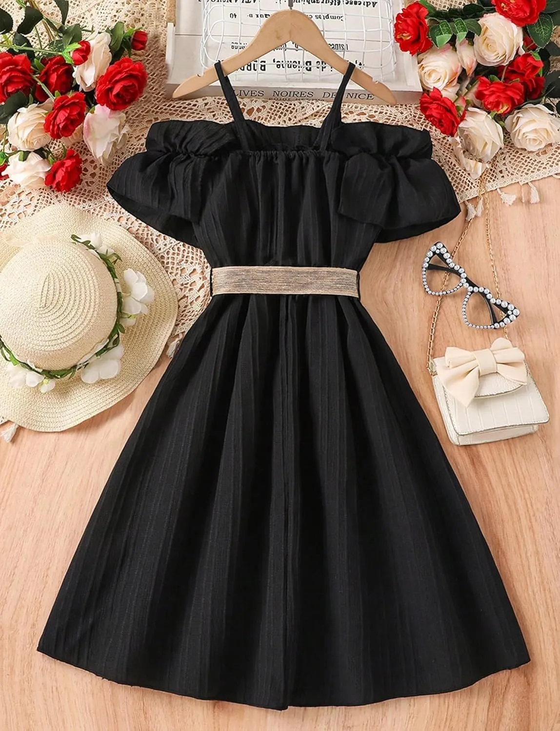 Happy Cherry Girls Cold Shoulder Midi Dress Ruffle Trim Short Sleeve Belted A Line Sundress for Summer Beach