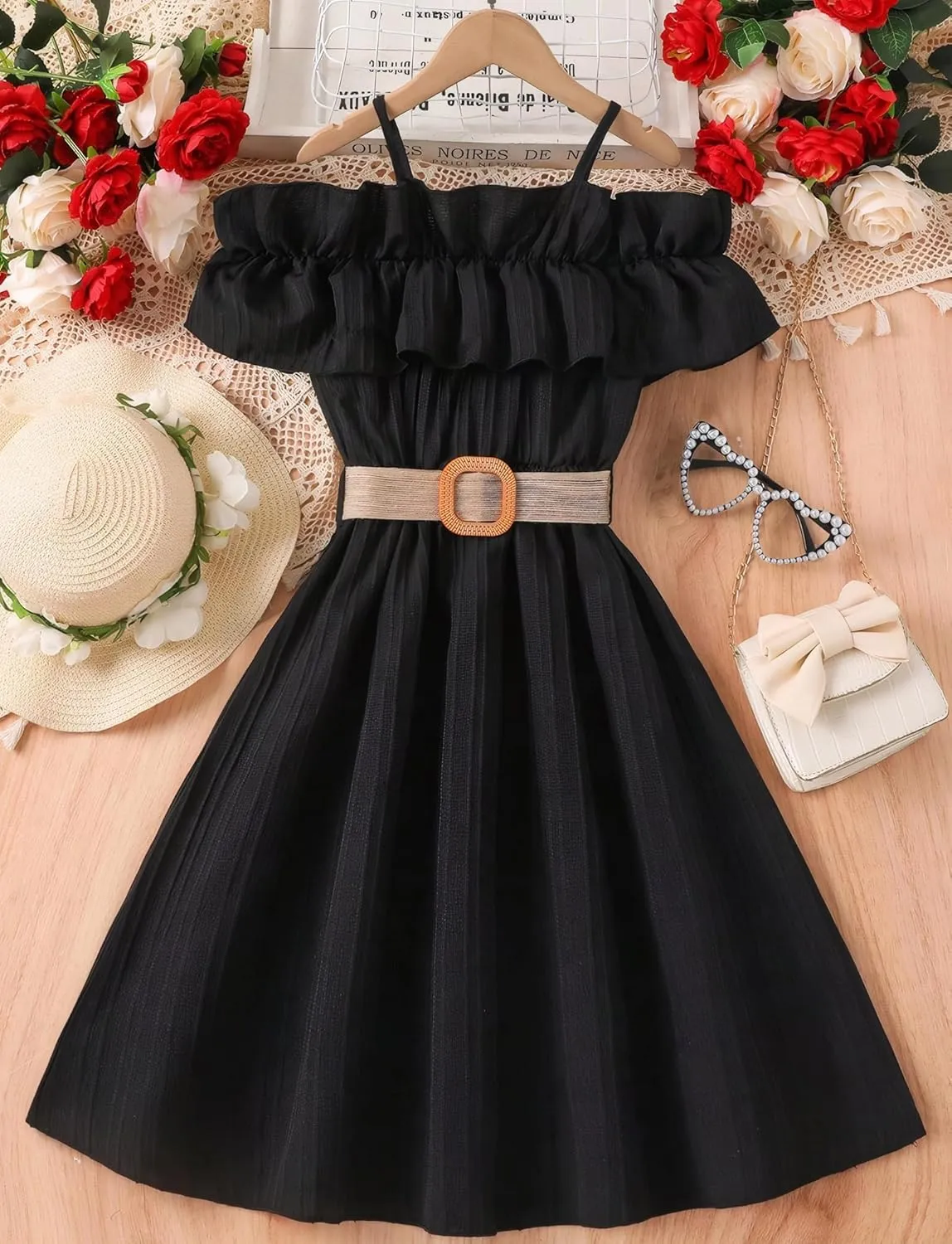 Happy Cherry Girls Cold Shoulder Midi Dress Ruffle Trim Short Sleeve Belted A Line Sundress for Summer Beach