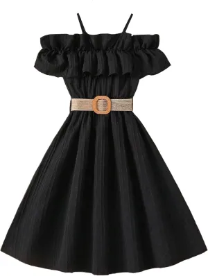 Happy Cherry Girls Cold Shoulder Midi Dress Ruffle Trim Short Sleeve Belted A Line Sundress for Summer Beach