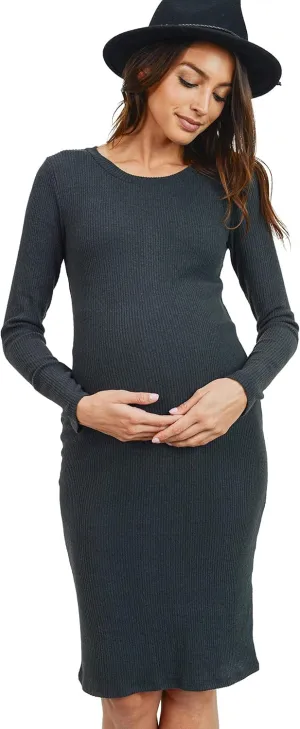 HELLO MIZ Women's Knit Ribbed Maternity Dress with Long Sleeve