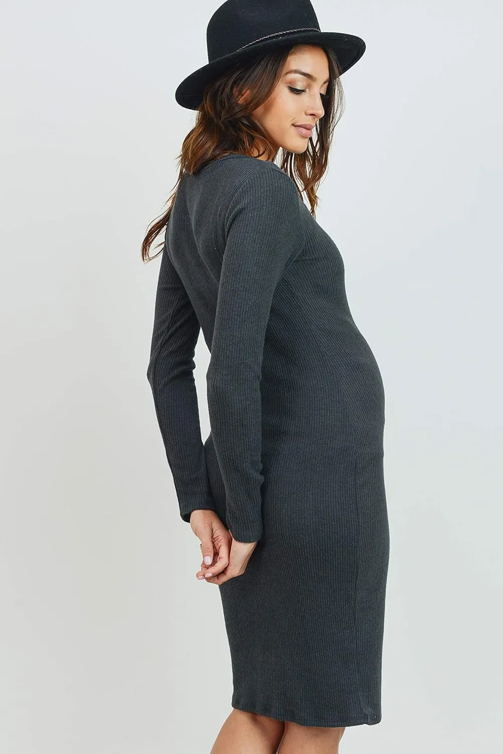 HELLO MIZ Women's Knit Ribbed Maternity Dress with Long Sleeve