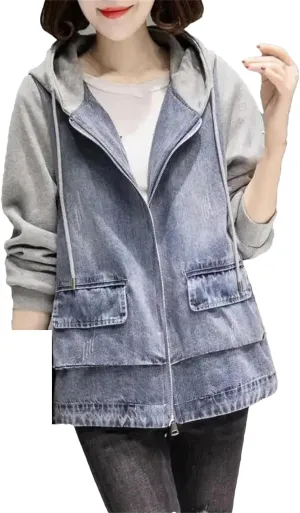 Hooded Denim Jacket For Women Spring Autumn Loose Trench Coat Cowgirl Baseball Uniform Windbreakers