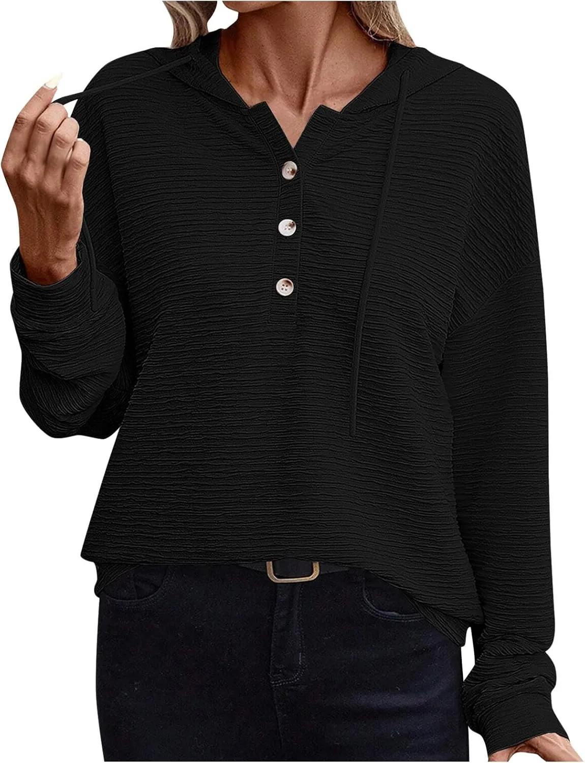Hoodies for Women Drawstring Button Down V Neck Long Sleeve Casual Pullover Sweatshirt Hooded Spring Fall Tops 2024
