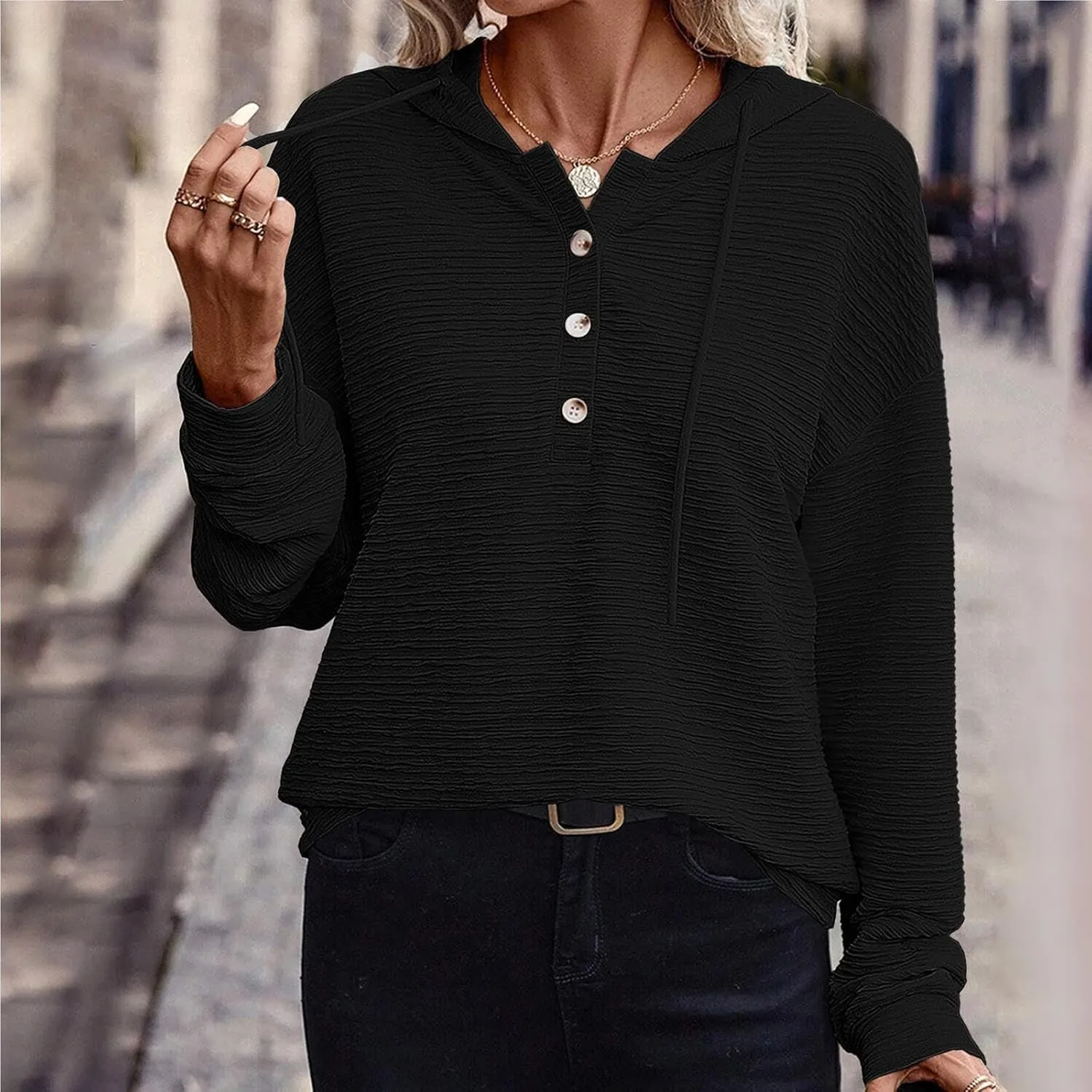 Hoodies for Women Oversized Sweatshirt Pullover Long Sleeve Tops V Neck Plain Color Shirt Sretchy Soft Fall Tops