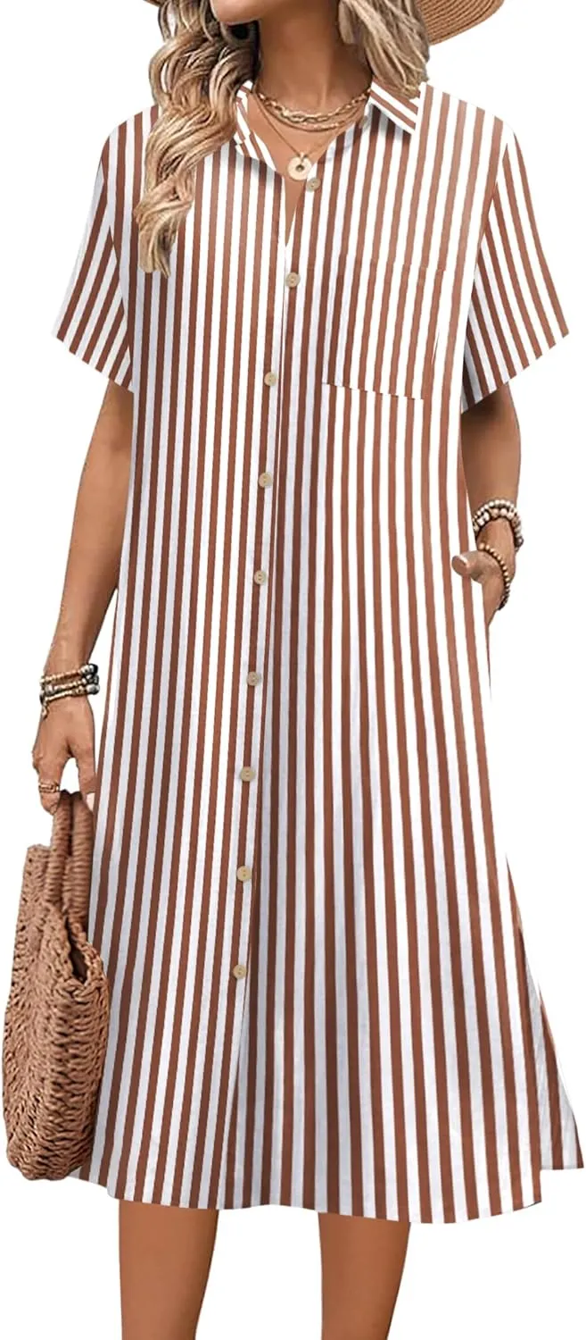 HOTOUCH Womens Dress Summer Casual Midi Short Sleeve Button Down Shirt Dress Loose Beach Cover Up Dress with Pockets