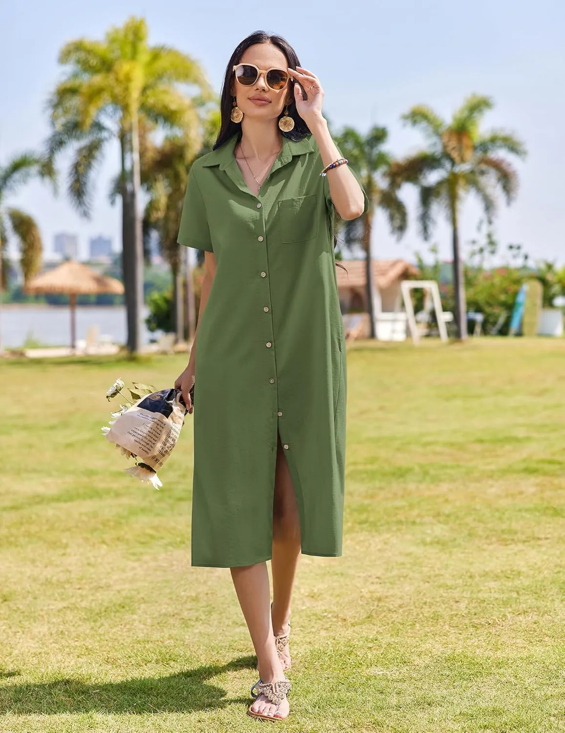 HOTOUCH Womens Dress Summer Casual Midi Short Sleeve Button Down Shirt Dress Loose Beach Cover Up Dress with Pockets