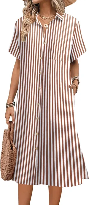 HOTOUCH Womens Dress Summer Casual Midi Short Sleeve Button Down Shirt Dress Loose Beach Cover Up Dress with Pockets