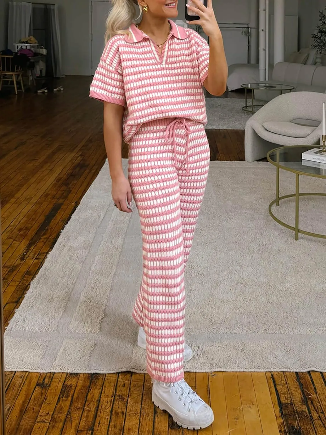 Imily Bela Womens 2 Piece Outfits Striped Short Sleeve Sweater Tops Knit Sets Wide Leg Pants Lounge Set