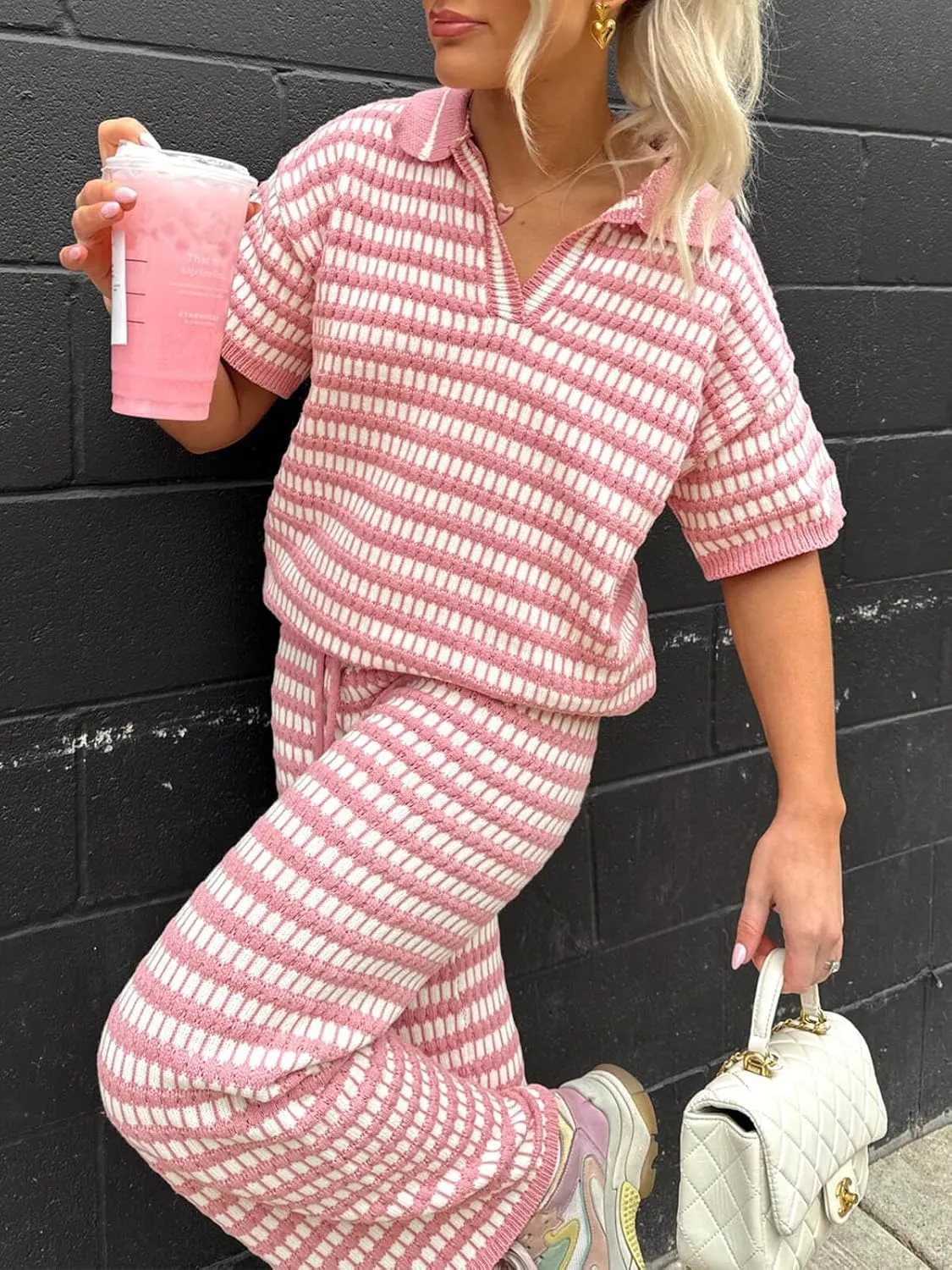 Imily Bela Womens 2 Piece Outfits Striped Short Sleeve Sweater Tops Knit Sets Wide Leg Pants Lounge Set
