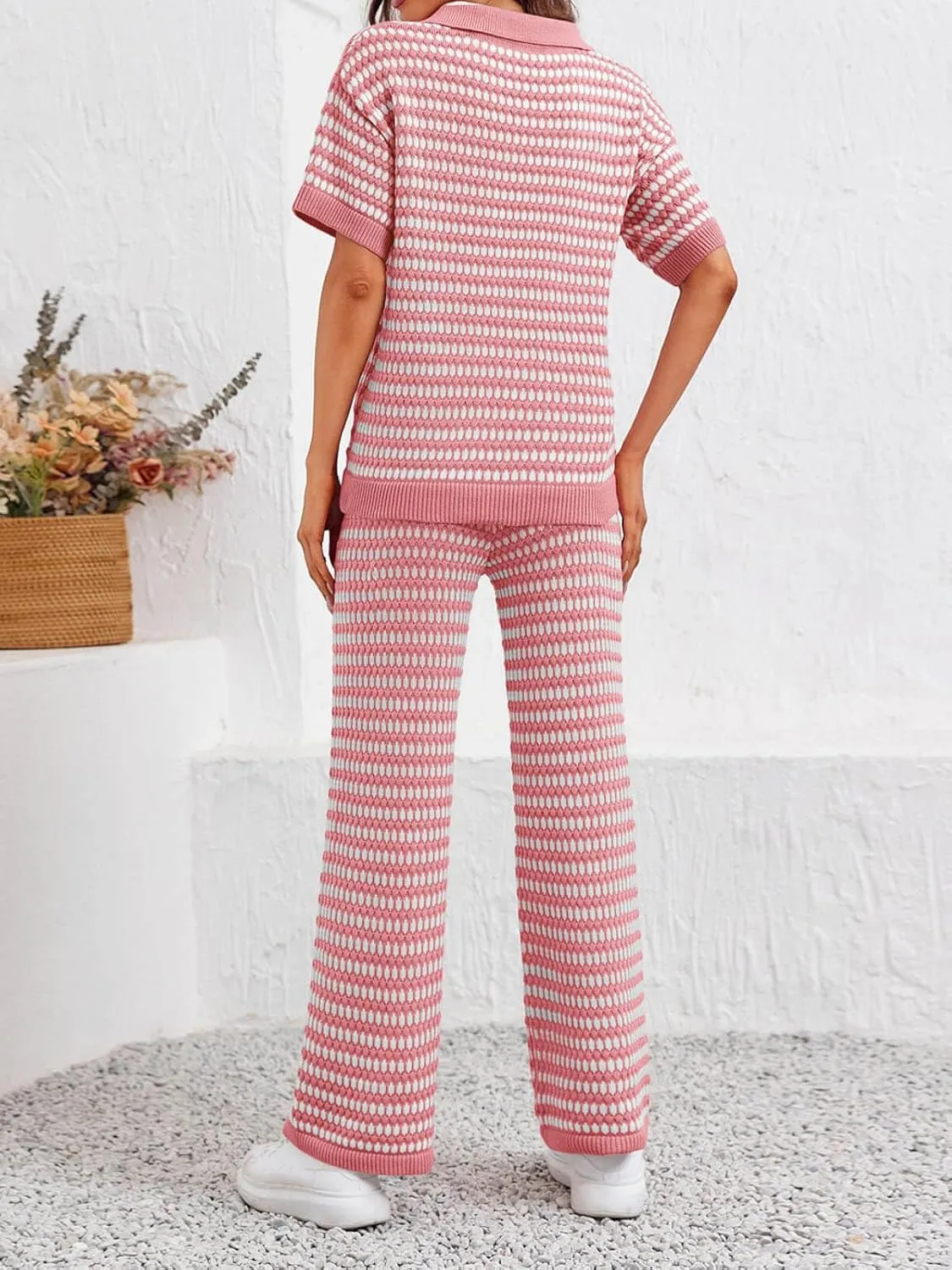Imily Bela Womens 2 Piece Outfits Striped Short Sleeve Sweater Tops Knit Sets Wide Leg Pants Lounge Set