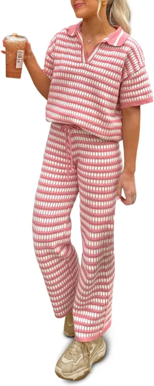 Imily Bela Womens 2 Piece Outfits Striped Short Sleeve Sweater Tops Knit Sets Wide Leg Pants Lounge Set
