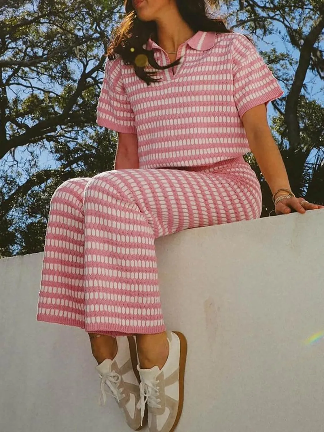 Imily Bela Womens 2 Piece Outfits Striped Short Sleeve Sweater Tops Knit Sets Wide Leg Pants Lounge Set