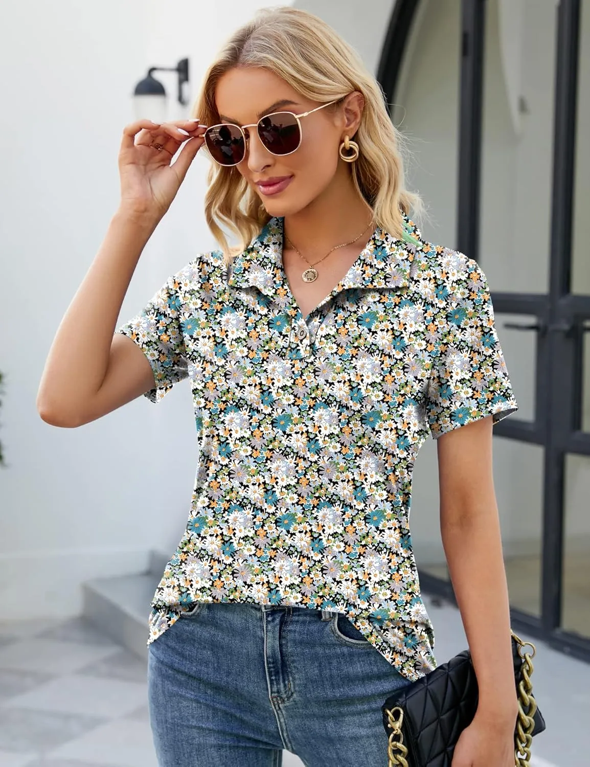 Ivicoer Womens V Neck Short Sleeve Polo Shirts Button Down Collared Tops Work Tunic Blouses Business Casual