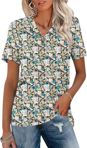 Ivicoer Womens V Neck Short Sleeve Polo Shirts Button Down Collared Tops Work Tunic Blouses Business Casual