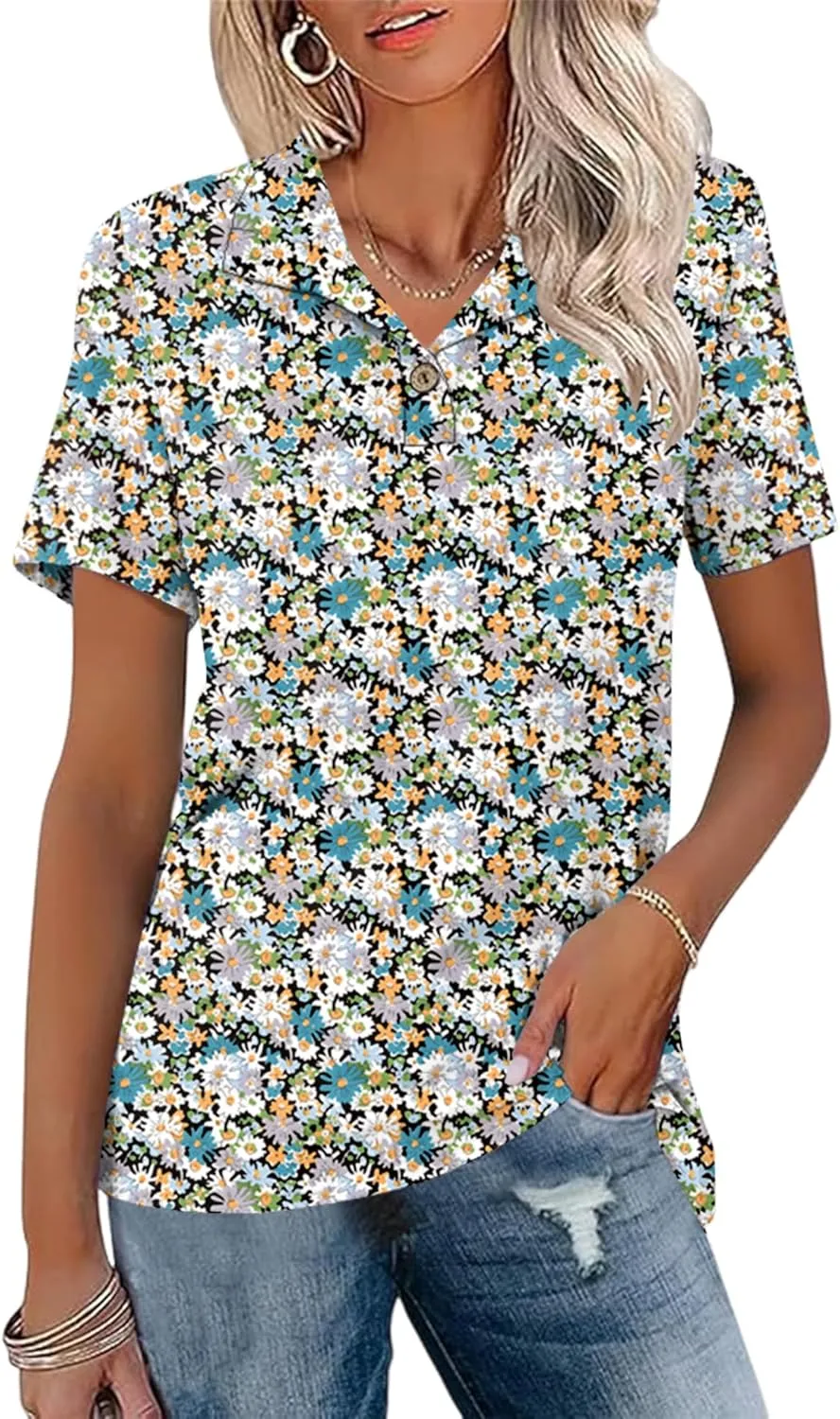 Ivicoer Womens V Neck Short Sleeve Polo Shirts Button Down Collared Tops Work Tunic Blouses Business Casual