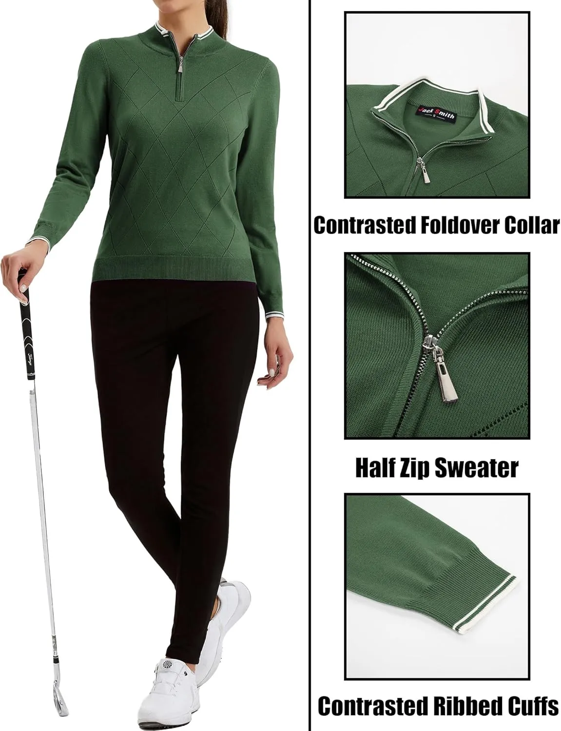 JACK SMITH Pullover Sweaters for Women Long Sleeve Argyle Quarter Zipper Collar Polo Sweater Ribbed Knit Golf Tops