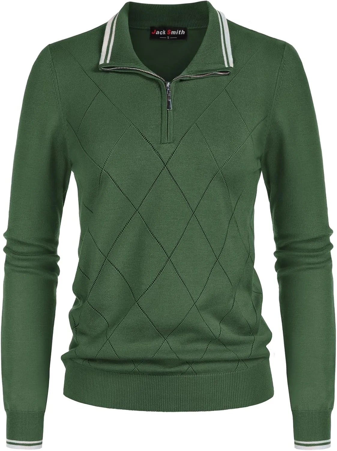 JACK SMITH Pullover Sweaters for Women Long Sleeve Argyle Quarter Zipper Collar Polo Sweater Ribbed Knit Golf Tops