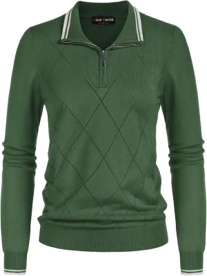 JACK SMITH Pullover Sweaters for Women Long Sleeve Argyle Quarter Zipper Collar Polo Sweater Ribbed Knit Golf Tops