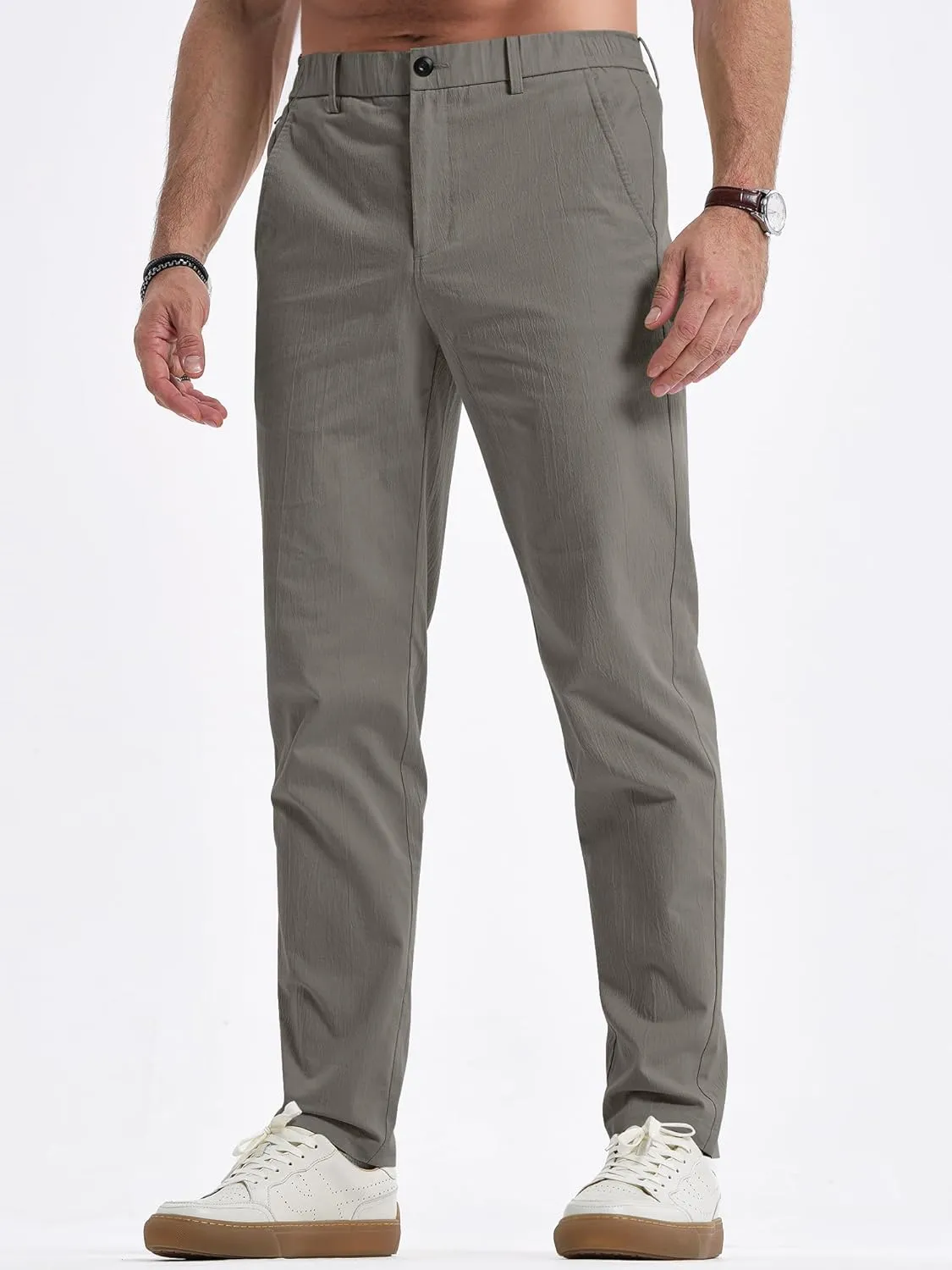 JMIERR Men's Casual Chino Pants Stretch Washed Crinkle 4 Way Textured Pants with Zipper Pockets and Elastic Waistband