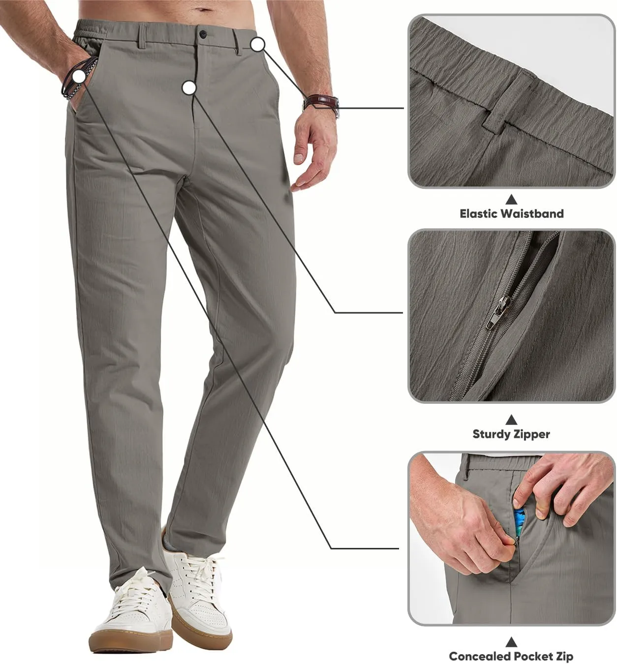 JMIERR Men's Casual Chino Pants Stretch Washed Crinkle 4 Way Textured Pants with Zipper Pockets and Elastic Waistband