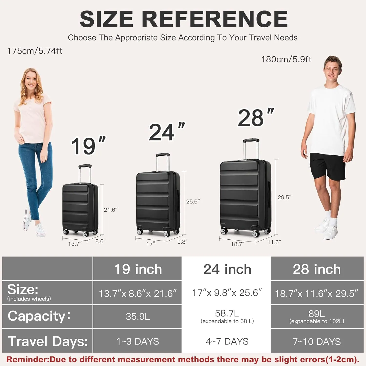 Kono 24 Inch Expandable Spinner Luggage with Wheels Hardshell Medium Checked Suitcase TSA Lock Black
