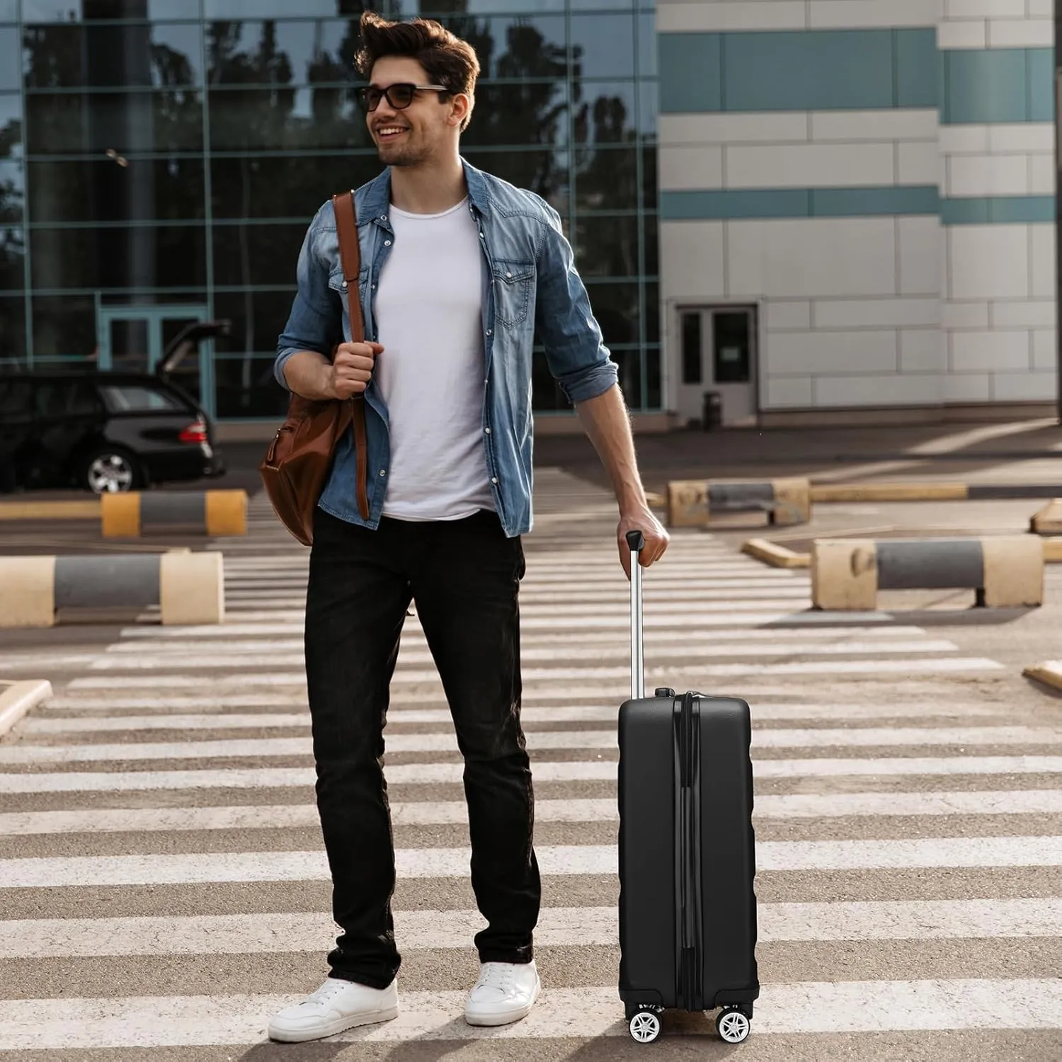 Kono 24 Inch Expandable Spinner Luggage with Wheels Hardshell Medium Checked Suitcase TSA Lock Black