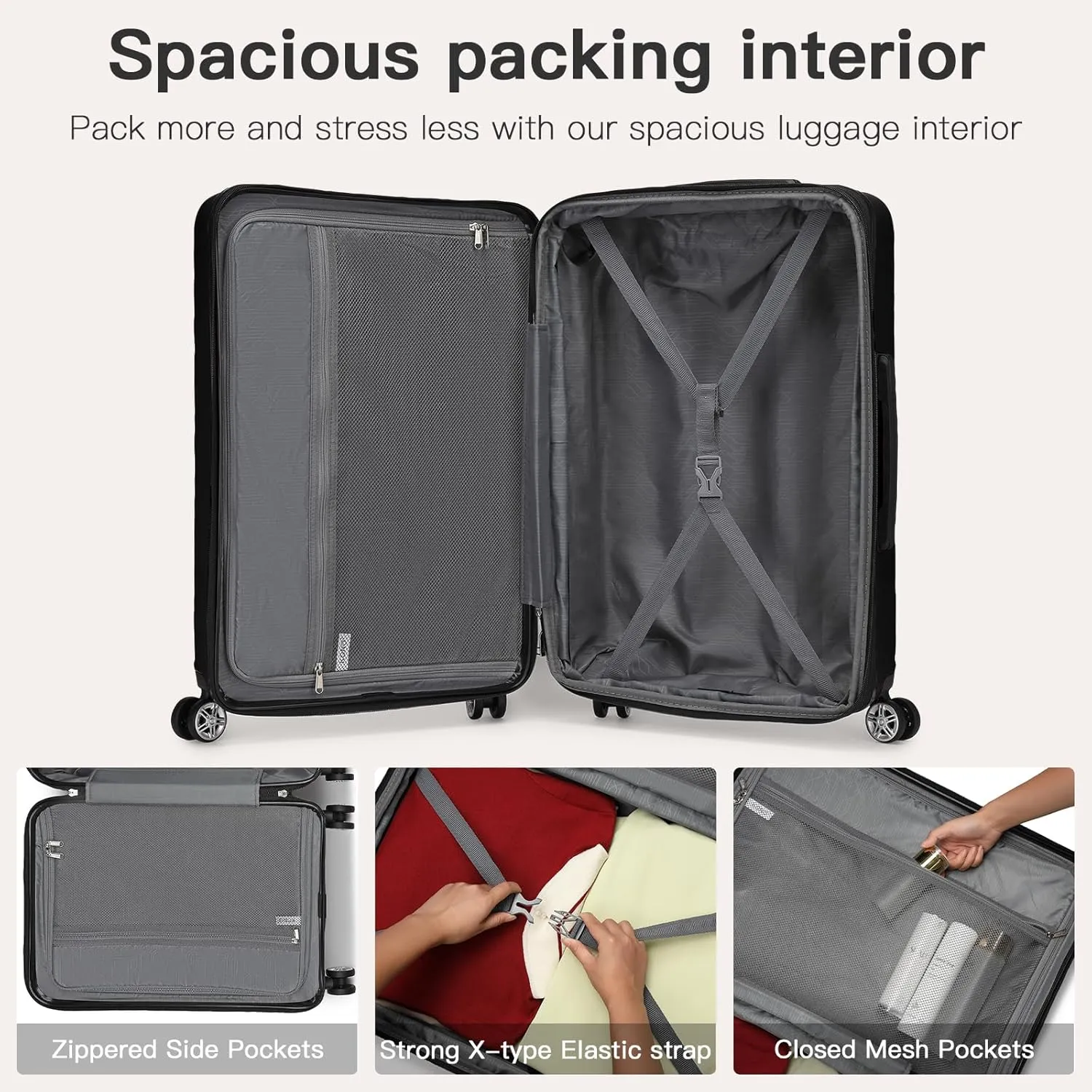 Kono 24 Inch Expandable Spinner Luggage with Wheels Hardshell Medium Checked Suitcase TSA Lock Black