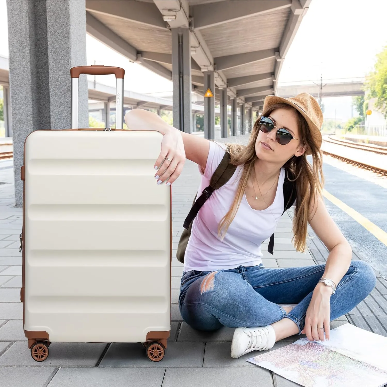 Kono 24 Inch Expandable Spinner Luggage with Wheels Hardshell Medium Checked Suitcase TSA Lock Cream White