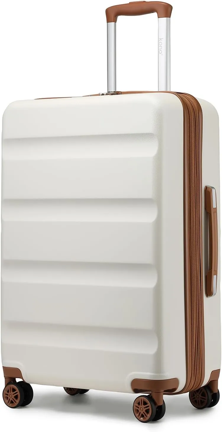 Kono 24 Inch Expandable Spinner Luggage with Wheels Hardshell Medium Checked Suitcase TSA Lock Cream White