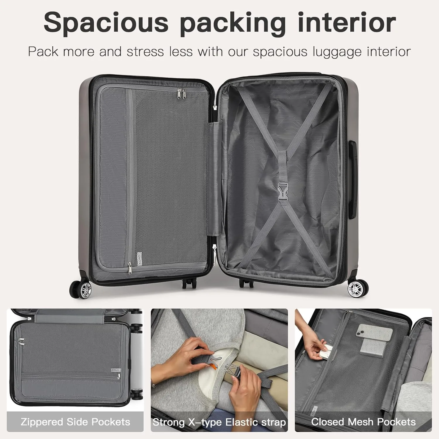 Kono 24 Inch Expandable Spinner Luggage with Wheels Hardshell Medium Checked Suitcase TSA Lock Grey