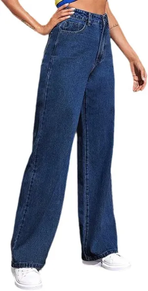 KUIOLYPOER Jeans for Women Wide Leg Jeans Woman Vintage Classic Solid Color High Waisted Straight Stretch Pants with Pockets
