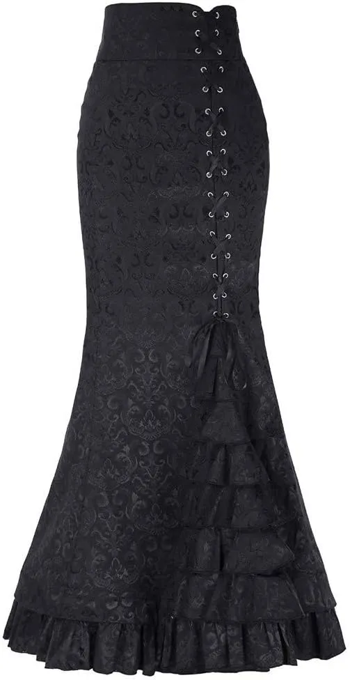 Lace Skirts for Women Maxi Long Side Pencil Skirt Lace Up Tiered Ruffle High Waist Drawstring Retro Valentine's
