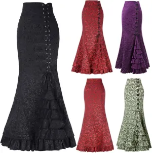 Lace Skirts for Women Maxi Long Side Pencil Skirt Lace Up Tiered Ruffle High Waist Drawstring Retro Valentine's