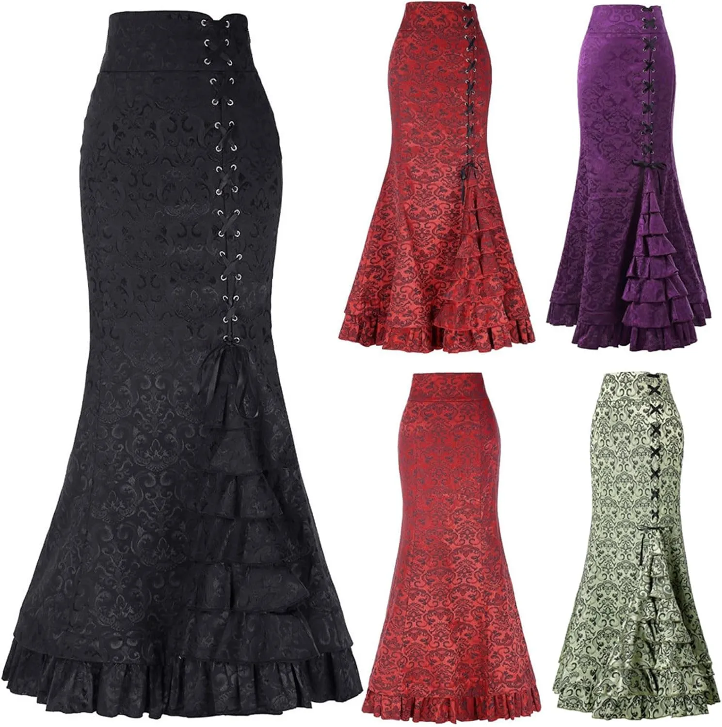 Lace Skirts for Women Maxi Long Side Pencil Skirt Lace Up Tiered Ruffle High Waist Drawstring Retro Valentine's