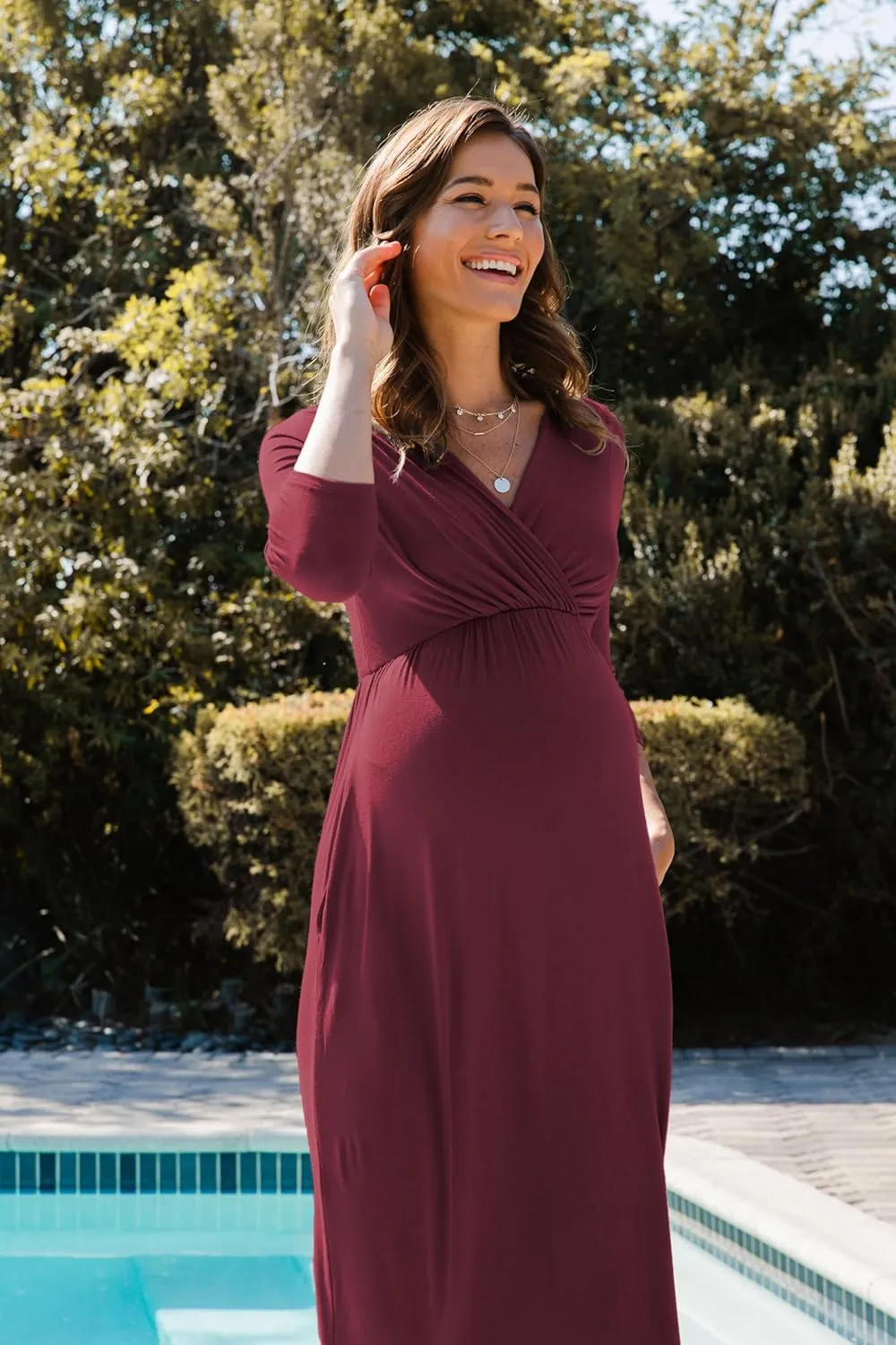 LaClef Women's Wrapped Ruched Maternity Dress with Pocket