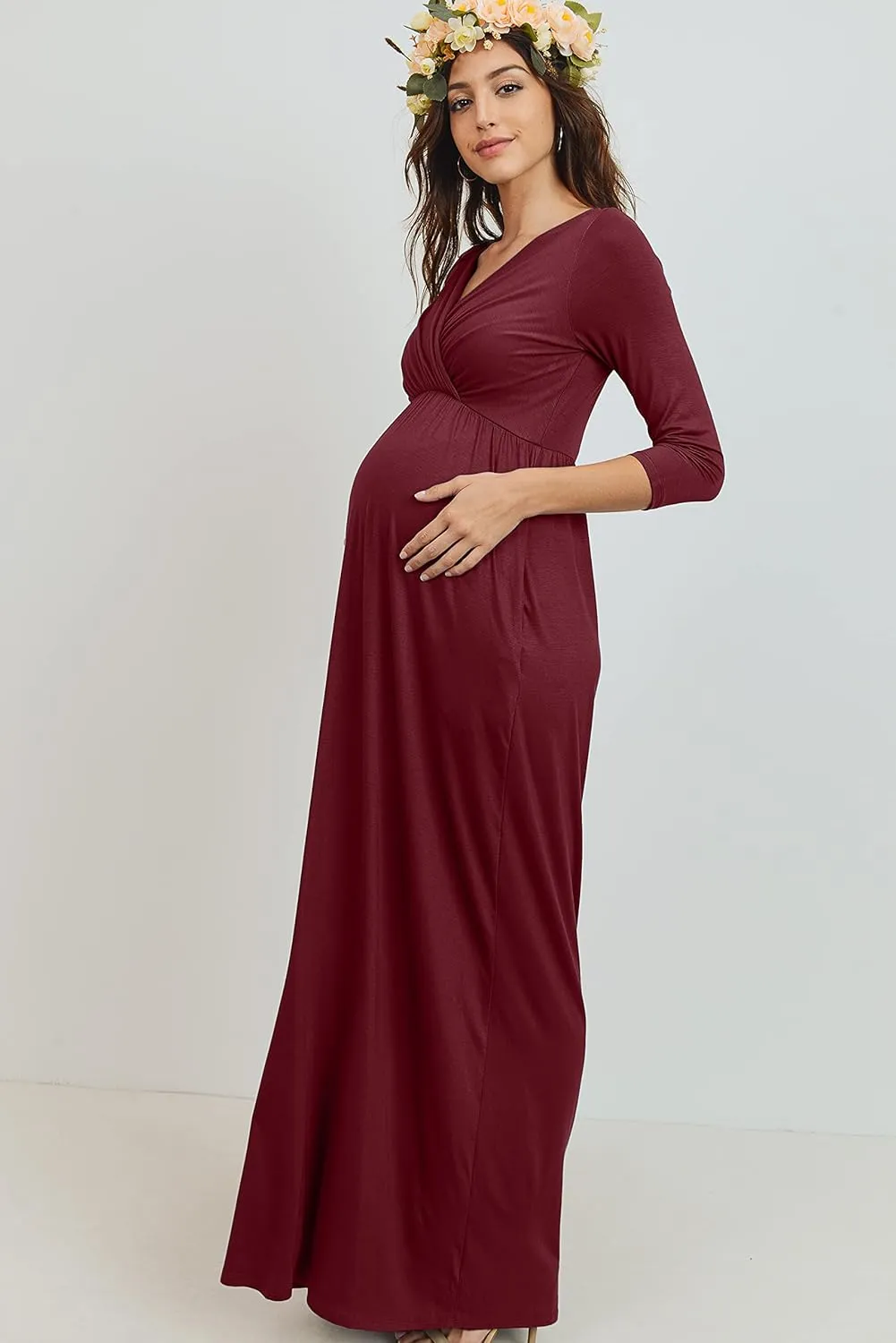 LaClef Women's Wrapped Ruched Maternity Dress with Pocket