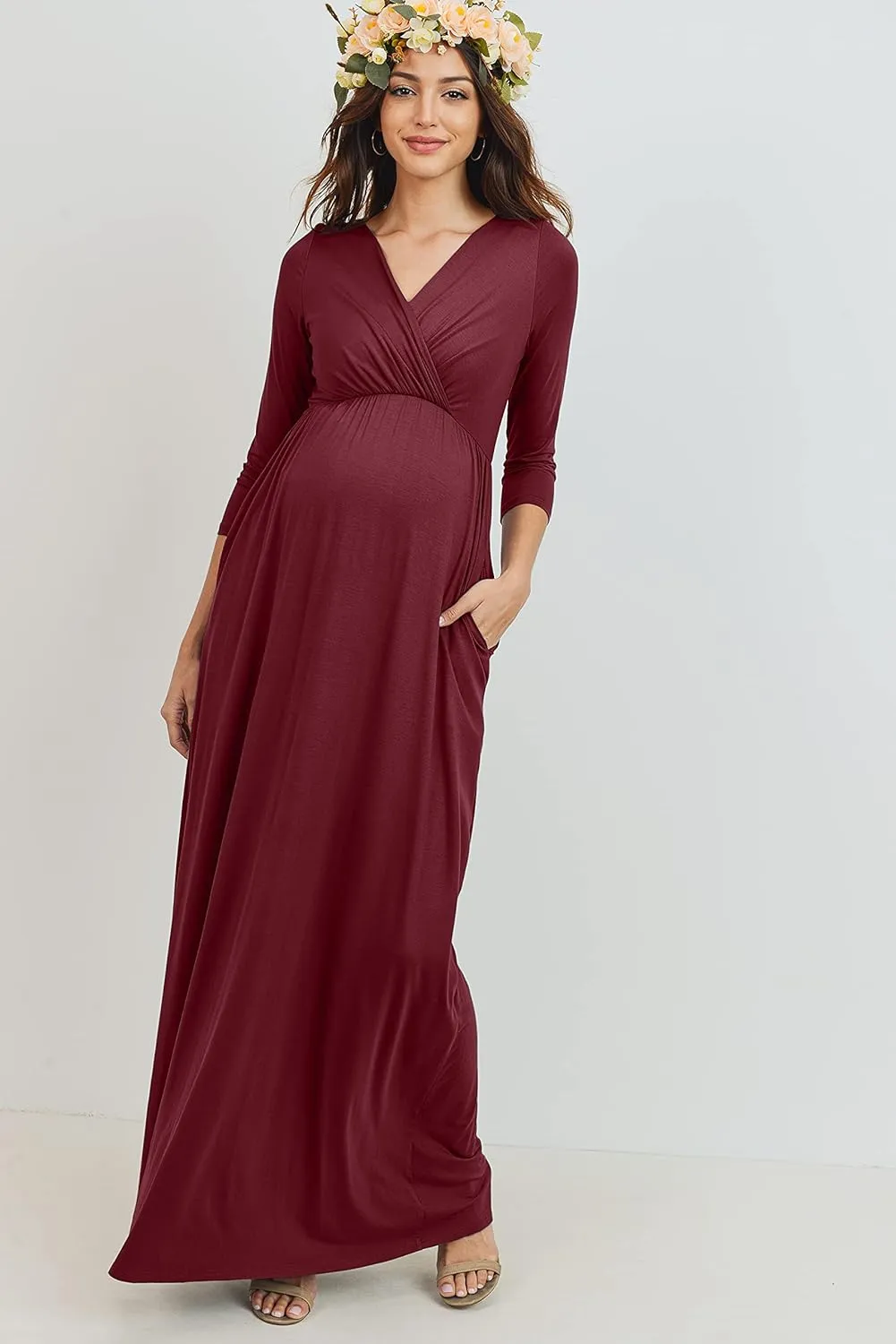 LaClef Women's Wrapped Ruched Maternity Dress with Pocket