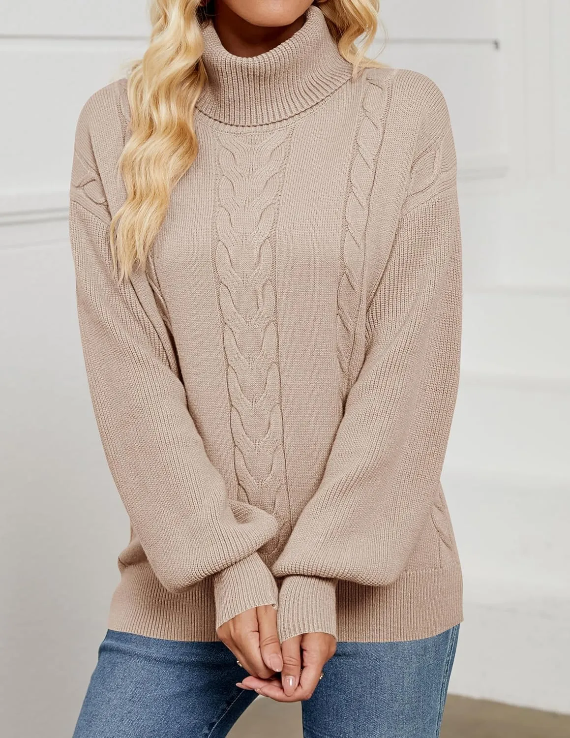 LEANI Women's 2024 Turtleneck Sweater Lantern Long Sleeve Cable Knit Pullover Sweaters Jumper
