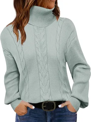 LEANI Women's 2024 Turtleneck Sweater Lantern Long Sleeve Cable Knit Pullover Sweaters Jumper